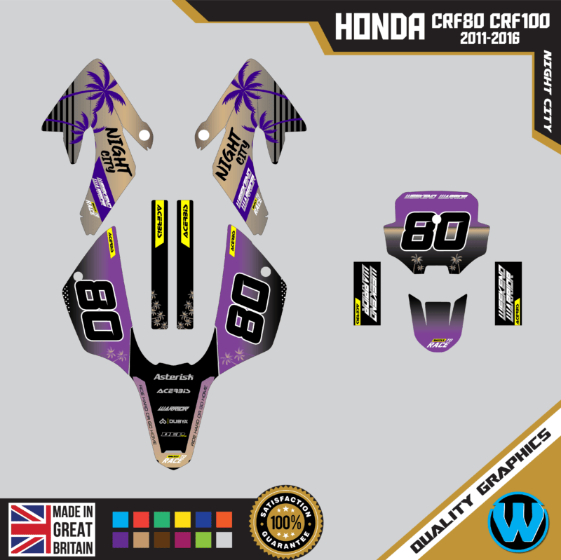 Honda CRF80 CRF100 2011 &#8211; 2016 Motocross Graphics |  MX Decals Kit Night City Purple